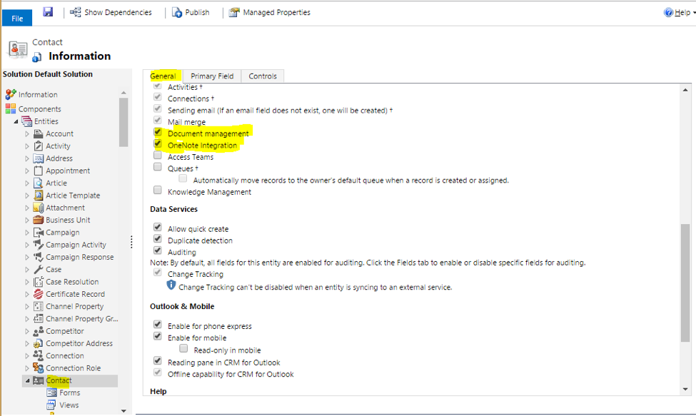 Enabling Contacts Entity for OneNote Integration in Microsoft Dynamics CRM 2016 Online Picture5